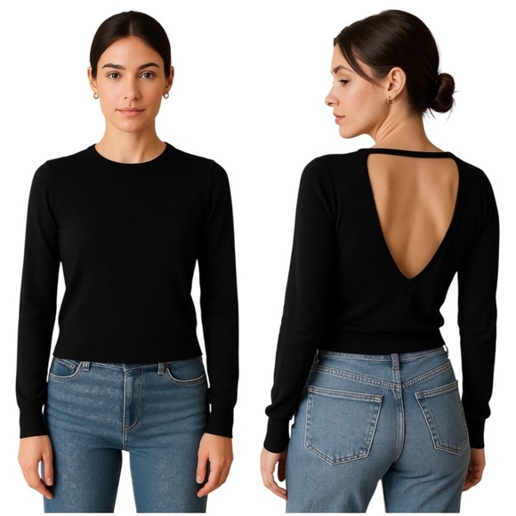 Express Small Black Scoop-neck Sweater Open Back Cozy Sexy Contemporary Crop - Picture 1 of 5